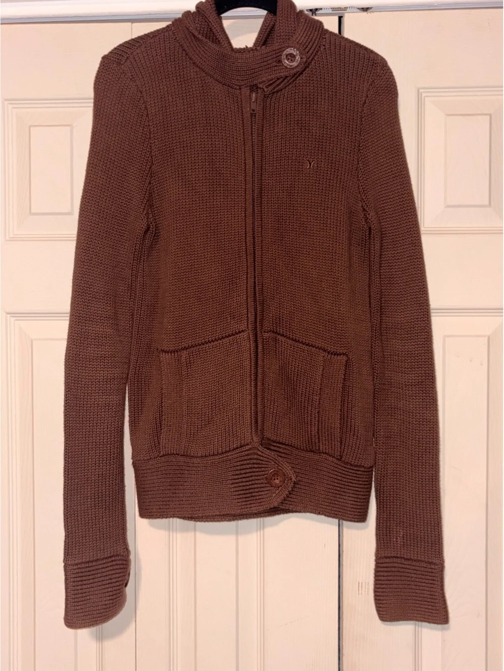 Vintage Hurley Sweater Womens M Brown Chunky Knit Full Zip Hooded Cardigan Y2K